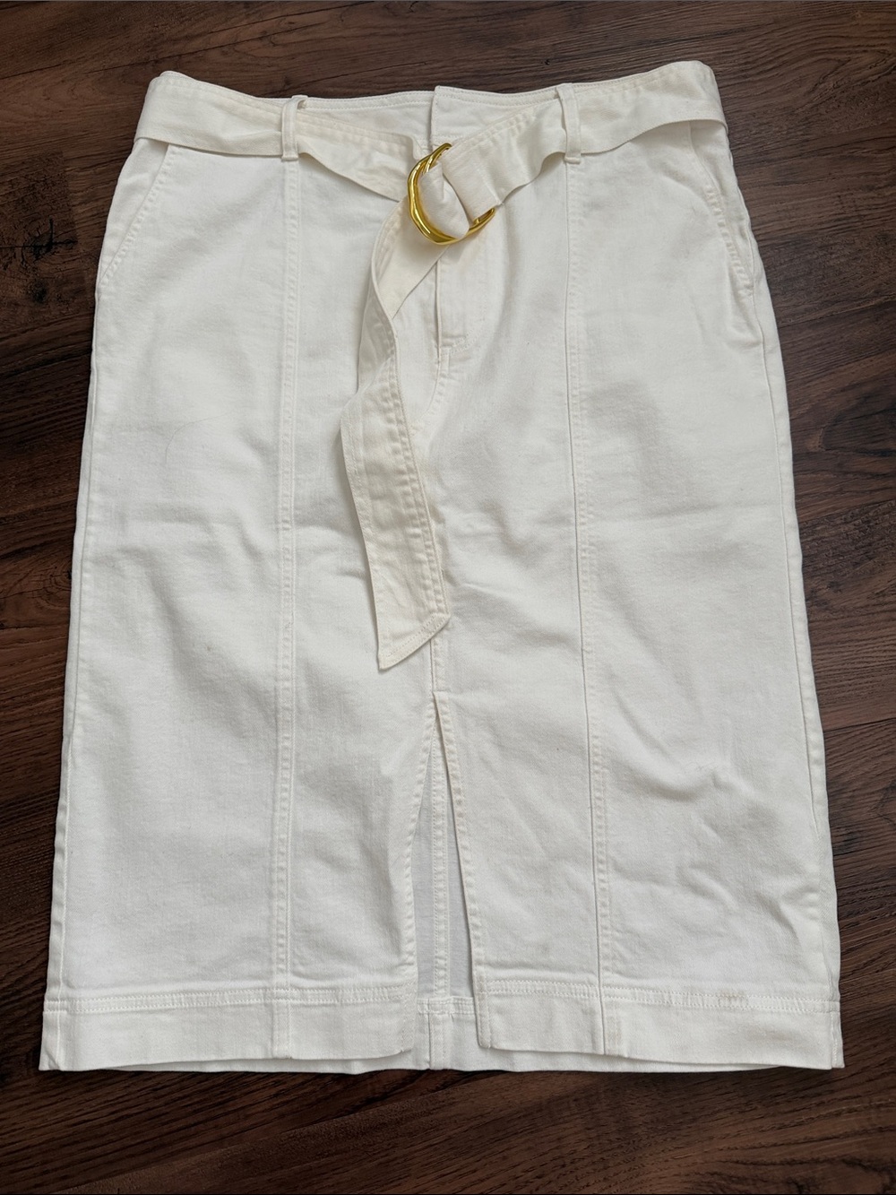INC International Concepts Cream Belted Pencil Skirt with Gold Buckle